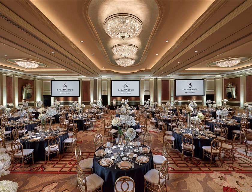 A ballroom of high tables 